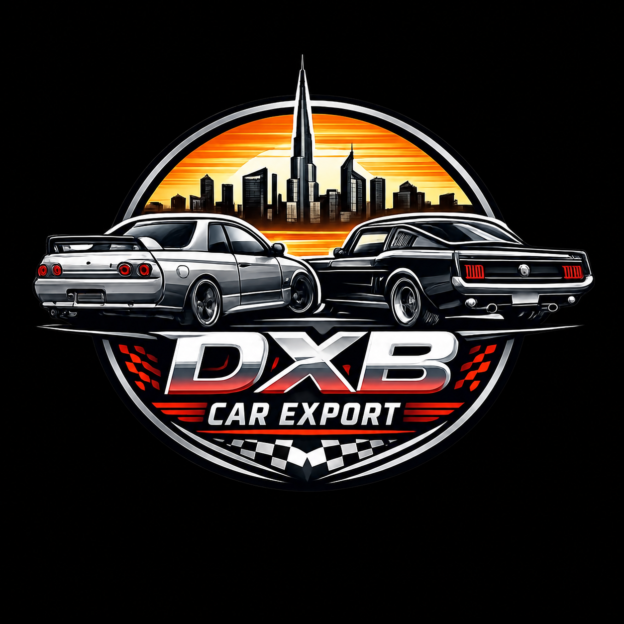 DXB Car Export logo with Dubai skyline, a Skyline GT-R and a classic Mustang